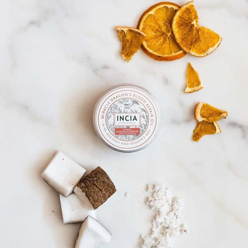 INCIA Natural Body Butter for Stretch Marks and Dry Skin 50ml mood photo with coconut and dry orange