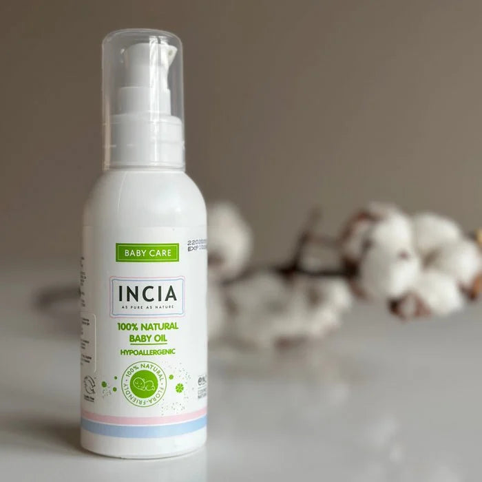 INCIA Natural Baby Oil for Sensitive Skin 110ml mood photo with cotton flower